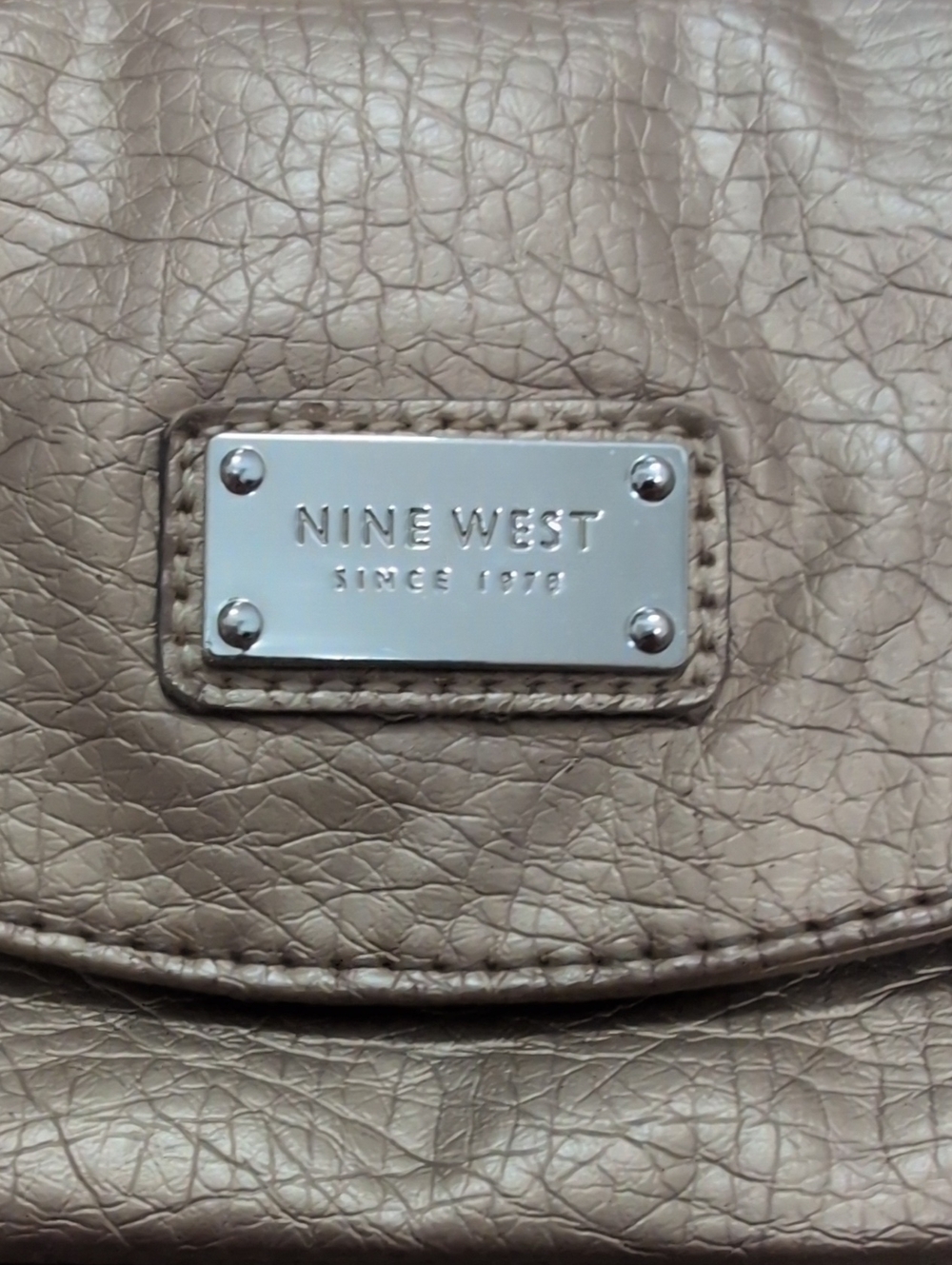 Nine West Taupe Textured Leather Shoulder Bag with Metal Logo Plate